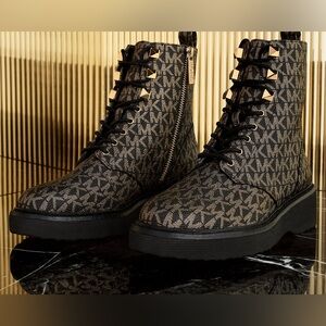 Michael Kors signature Monogram Black and gold leather Combat Boots